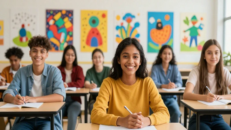 Adolescentes diversos sonríen en aula colorida