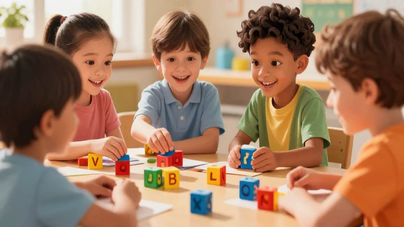 Niños juegan alegremente con bloques del alfabeto