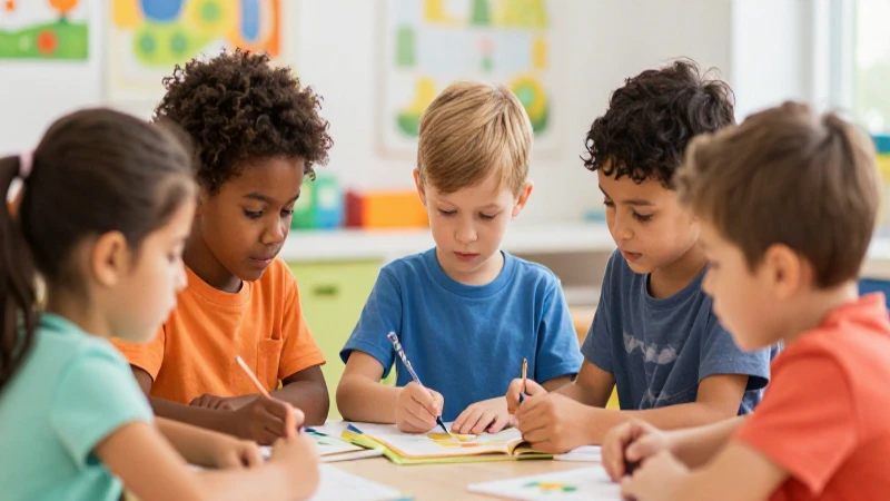 Niños diversos aprenden juntos en ilustración vibrante