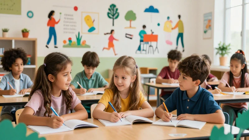 Alumnos felices aprenden idiomas en un aula vibrante