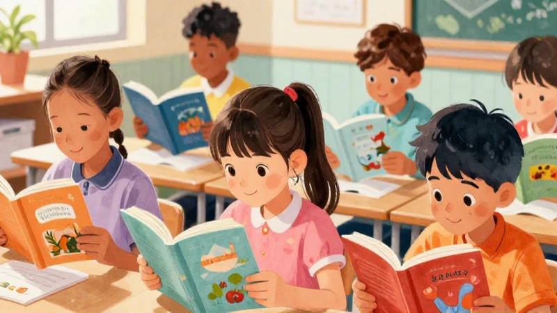 Niños leen libros en clase, ilustración vibrante