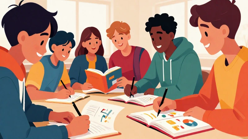 Jóvenes estudian juntos con ilustración vibrante