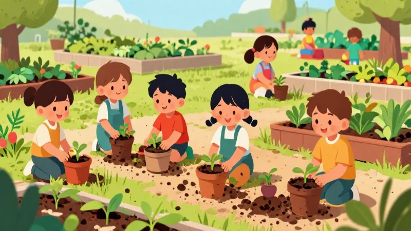Niños plantan en un jardín colorido y alegre