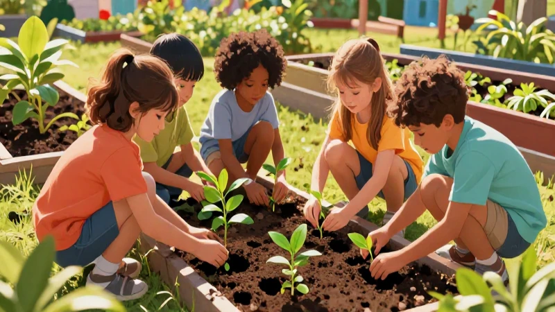 Niños plantan juntos en jardín colorido