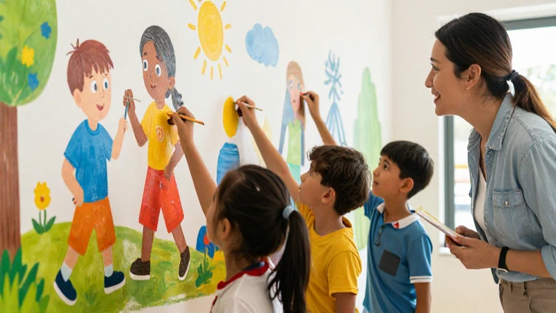 Niños pintan mural; profesora observa sonriendo