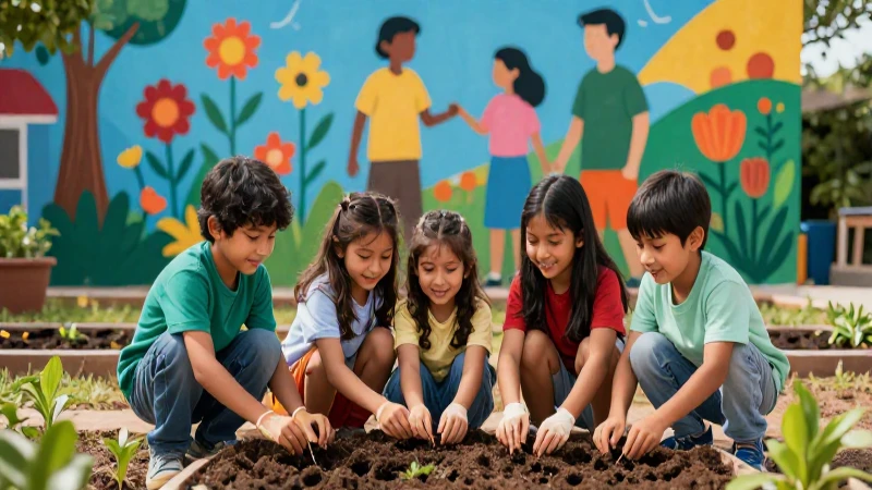 Jardín comunitario vibrante con arte educativo