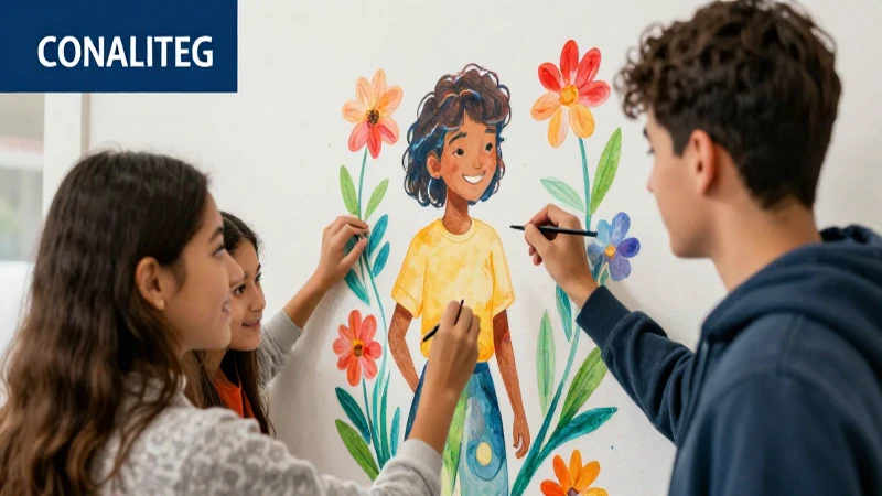 Estudiantes diversos pintan un mural alegre