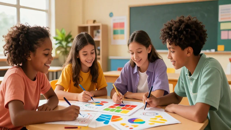 Nuestro libro de proyectos Tercer grado de Secundaria (2025-2026) 18 Estudiantes felices colaboran en un aula vibrante
