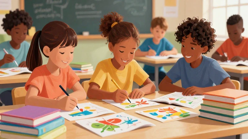 Niños aprenden con coloridas ilustraciones y libros