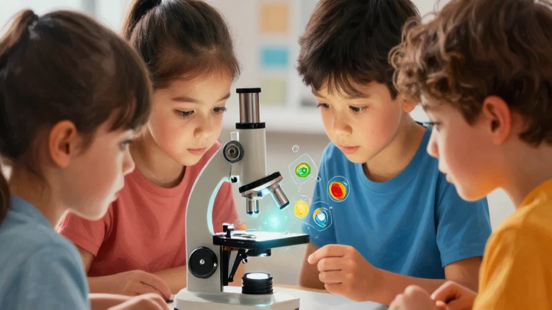 Niños exploran un microscopio con ilustraciones brillantes