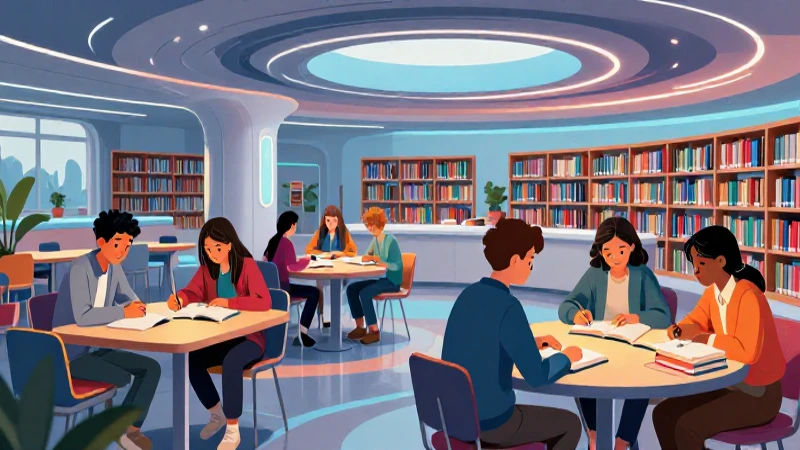 Estudiantes diversos en biblioteca futurista con arte vibrante