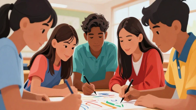 Estudiantes colaboran en proyecto escolar vibrante