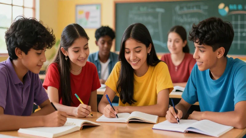 Ilustración vibrante de adolescentes estudiando juntos