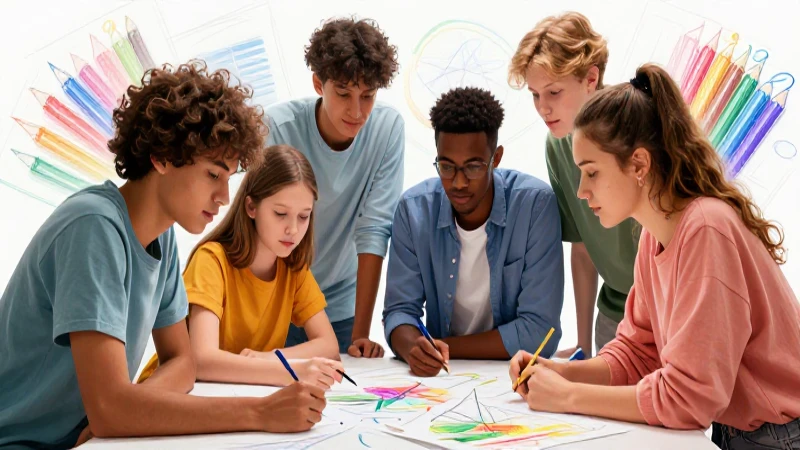 Ilustración vibrante y educativa sobre colaboración estudiantil