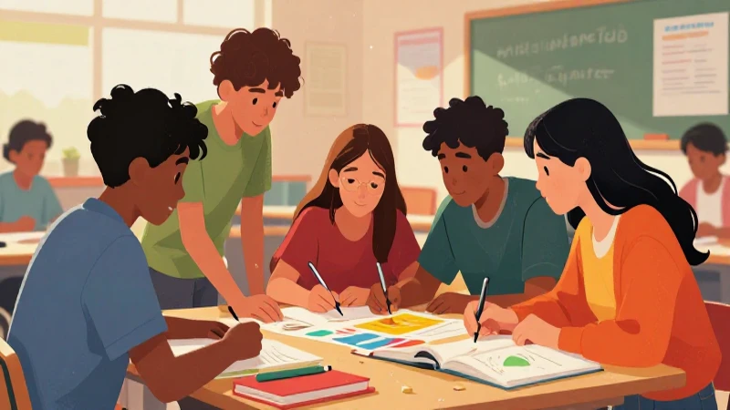 Aula vibrante con estudiantes colaborando alegremente