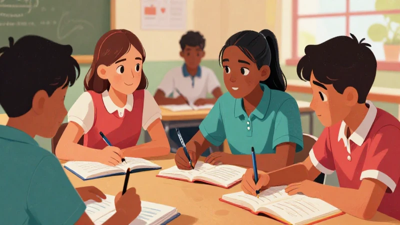 Ilustración vibrante de adolescentes estudiando juntos