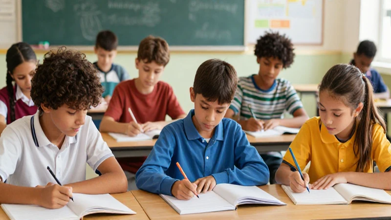 Escena escolar vibrante con estudiantes aprendiendo