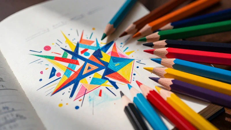 Lápices vibrantes, cuaderno y diseño geométrico llamativo