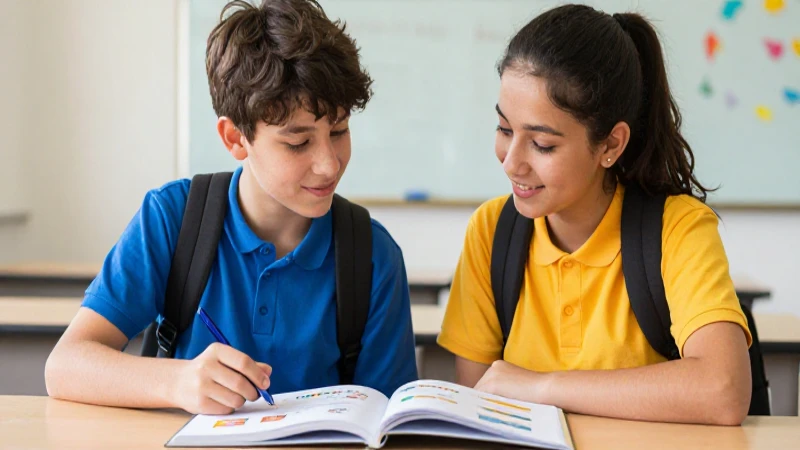 Dos adolescentes estudian felices en un libro