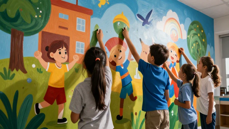 Niños pintan un mural vibrante en la escuela