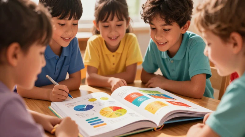 Niños aprenden juntos en ilustración educativa vibrante