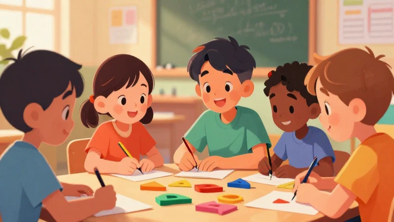 Niños aprenden formas con alegre ilustración didáctica