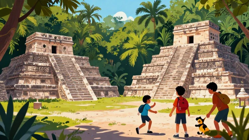 Nuestros saberes: México, grandeza y diversidad (4°, 5° y 6°) (2025-2026) 23 Niños exploran ruinas en vibrante ilustración mexicana