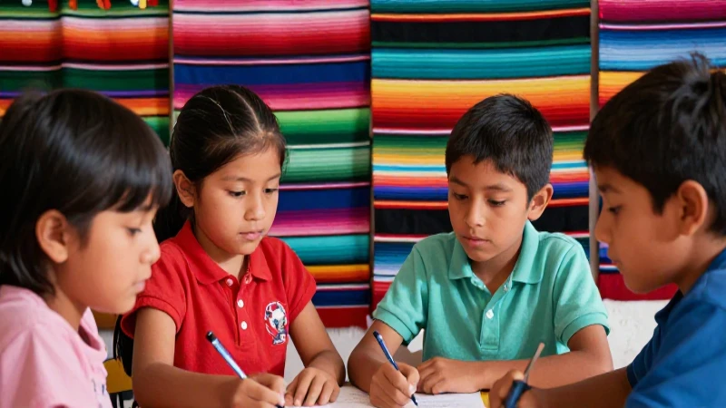 Nuestros saberes: México, grandeza y diversidad (4°, 5° y 6°) (2025-2026) 39 Niños aprenden, textiles mexicanos, estilo ilustrativo