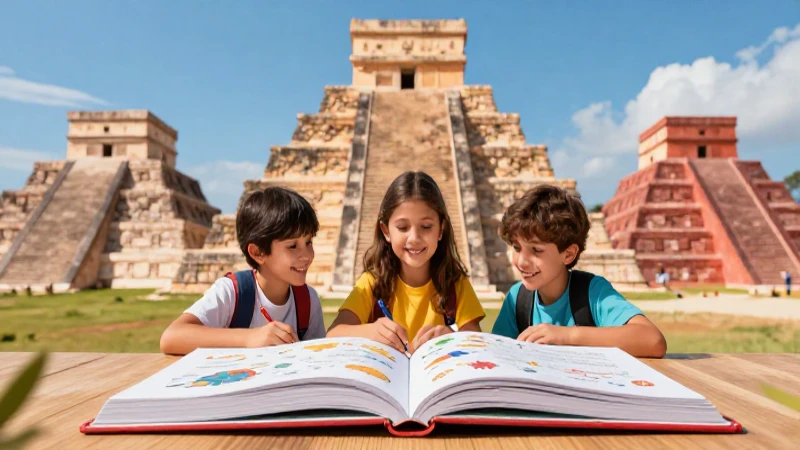 Nuestros saberes: México, grandeza y diversidad (4°, 5° y 6°) (2025-2026) 25 Niños sonriendo estudian bajo pirámides aztecas vibrantes