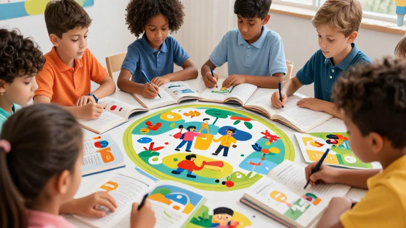 Niños diversos aprenden en un libro ilustrado