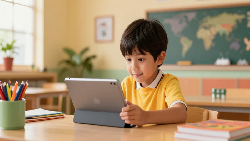 Niño aprende en tablet, estilo mexicano moderno