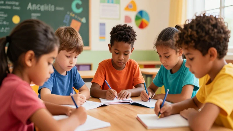 Niños diversos aprenden en aula colorida