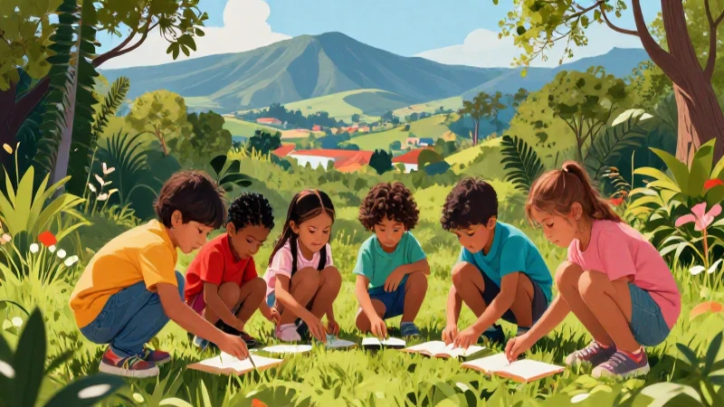 Niños diversos aprenden jugando en la naturaleza