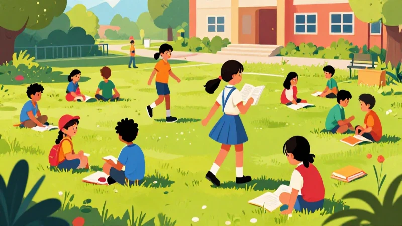 Niños aprenden alegremente, estilo ilustrativo vibrante