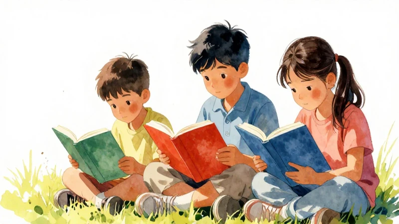 Niños leen libros al aire libre, soleado