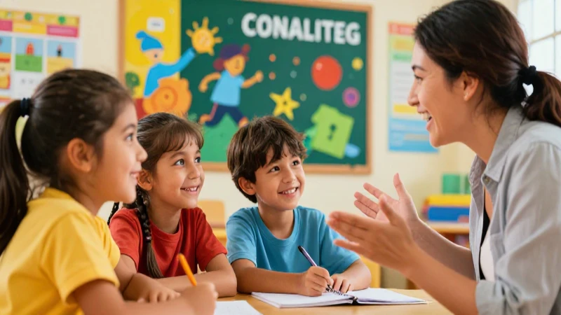 Niños aprenden felices con una profesora cálida