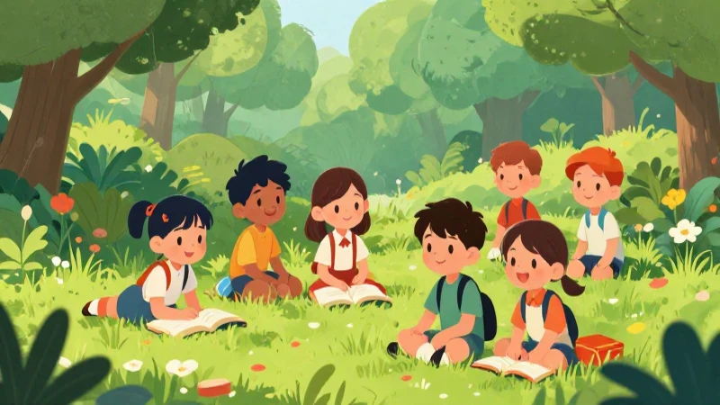Ilustración vibrante: niños aprenden en el exterior