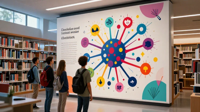 Librería académica con diagrama neuronal vibrante