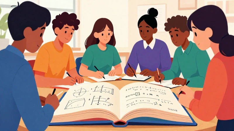 Estudiantes diversos estudian matemáticas con colores vibrantes