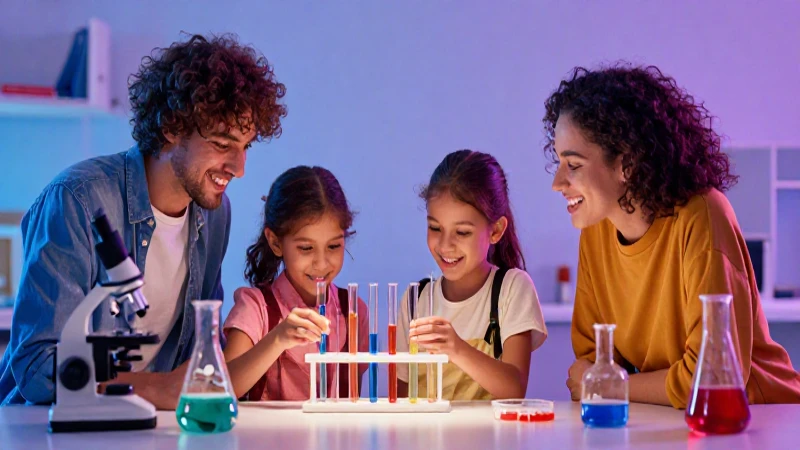 Familia divirtiéndose con ciencia, estilo educativo