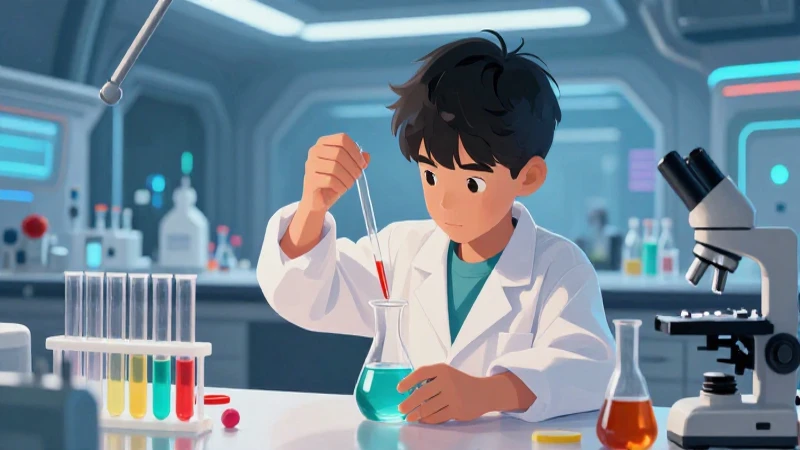 Niña científica estudia líquidos en laboratorio futurista