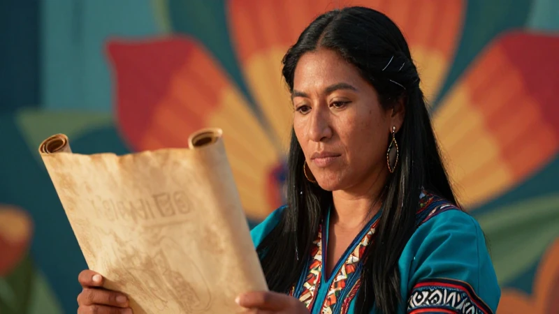 Mujer indígena sostiene pergamino ancestral ilustrado