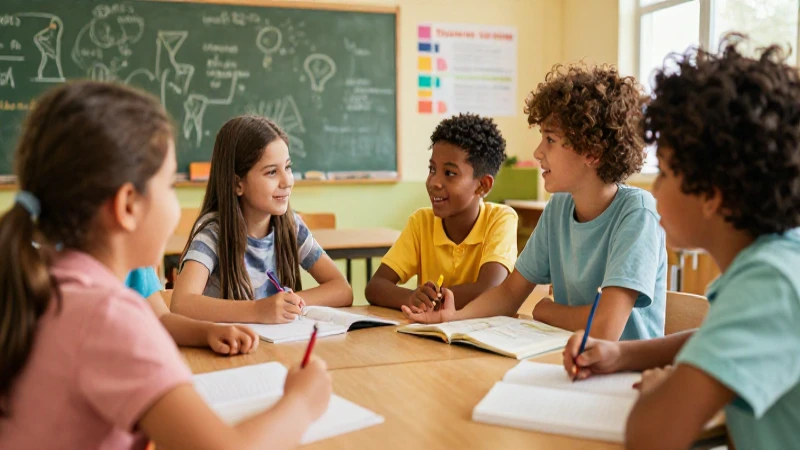 Estudiantes diversos aprenden alegremente en clase
