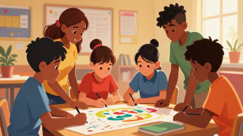 Niños aprenden juntos en ilustración vibrante