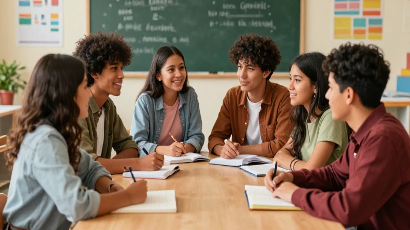 Estudiantes colaboran en equipo, ambiente cálido