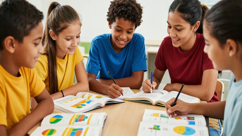 Estudiantes diversos aprenden colaborativamente en libro ilustrado