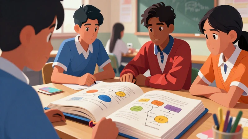Ilustración vibrante muestra estudiantes aprendiendo activamente