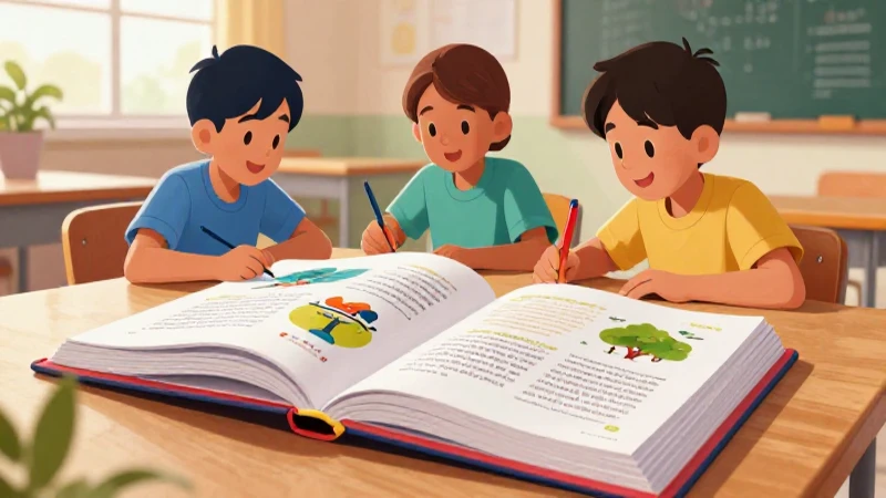 Niños aprenden juntos en ilustración educativa vibrante