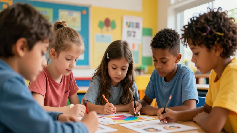 Niños colaborando en un aula vibrante y moderna