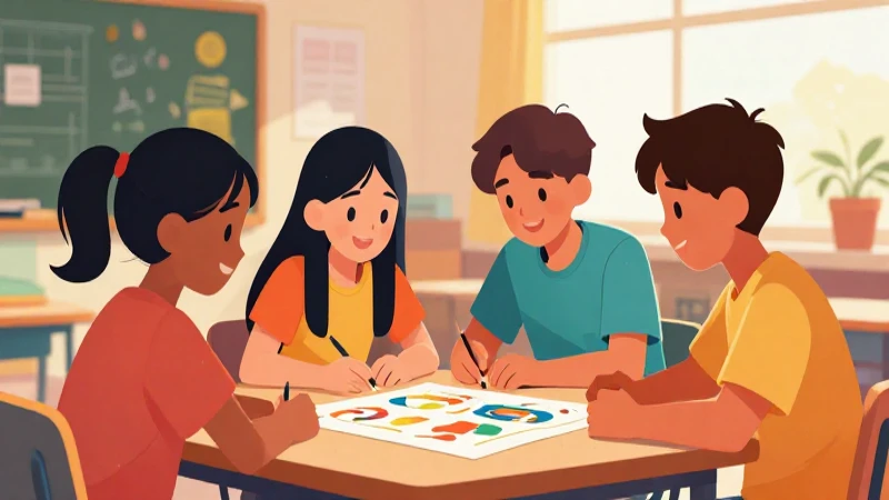 Aula colorida y estudiantes trabajando juntos
